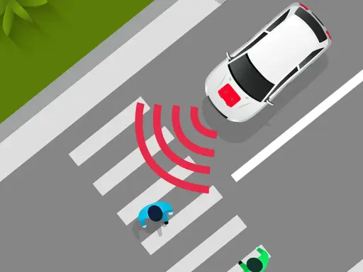 Coche eléctrico blanco se acerca a un paso de peatones. El sonido de los coches eléctricos es casi inaudible, pero las ondas rojas indican que detecta a los peatones.