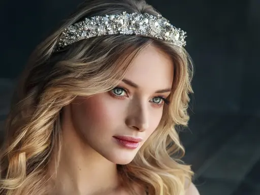 Piękna kobieta z falowanymi blond włosami nosi bogato zdobioną tiarę srebrną, która dodaje jej królewskiego blasku.