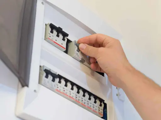 Main disjoncteur général manipulé par une main dans un tableau électrique blanc.