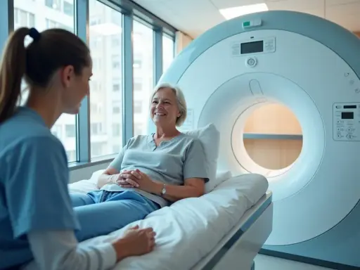 Uśmiechnięta pacjentka leży na łóżku obok aparatu PET. Pielęgniarka wyjaśnia, ile trwa badanie PET, uspokajając ją przed procedurą.