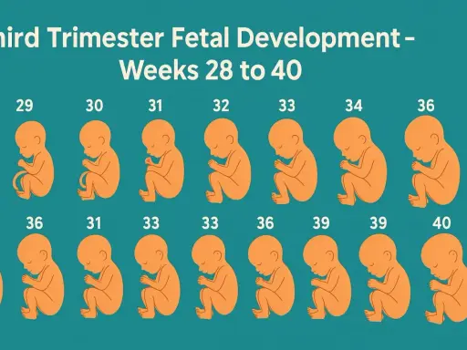 Ilustración del desarrollo fetal en el tercer trimestre de embarazo, mostrando fetos de 28 a 40 semanas.