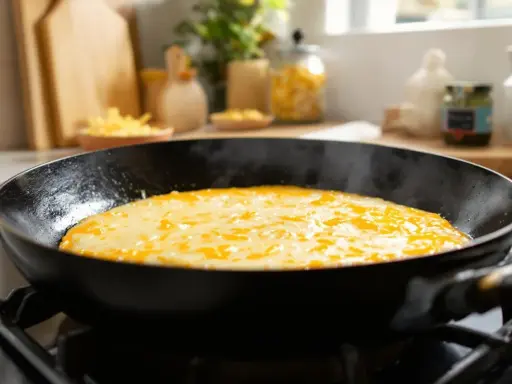 Schmelzender Käse in der Pfanne, dampfend und goldgelb. Der Mozzarella schmilzt perfekt und verlockt zum sofortigen Genuss.