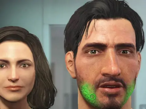 Tworzenie postaci do Fallout 5: kobieta i mężczyzna z zielonym akcentem na brodzie.