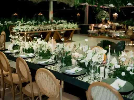 Eleganckie wesele na 100 osób. Długi, lustrzany stół z białymi kwiatami i świecami, otoczony wiklinowymi krzesłami.