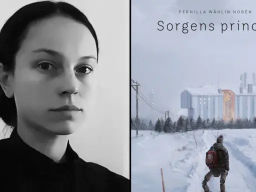 Pernilla Wåhlin Norén, författaren till "Sorgens princip", porträtterad bredvid bokomslagets dystopiska vinterlandskap med en ensam figur på väg mot en industriell byggnad.