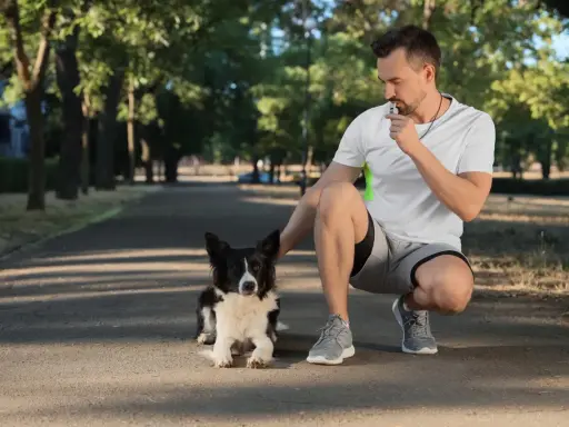 Trener z gwizdkiem dla psa w parku, ćwiczący ze swoim czarnym i białym psem rasy Border Collie.