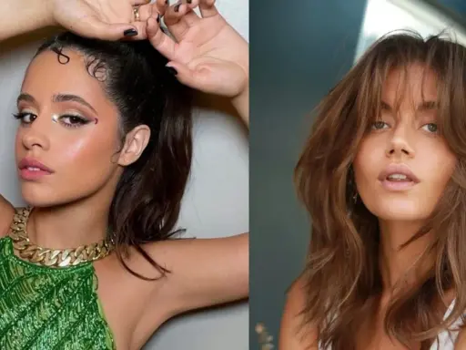 Dos mujeres, una con pelo canela recogido y maquillaje brillante, la otra con pelo canela suelto y flequillo.