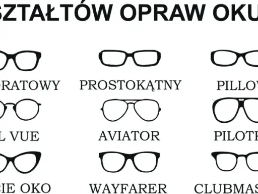 Ilustracja prezentuje różne rodzaje okularów: owalne, kwadratowe, prostokątne, pillow, nieregularne, wrap, ful vue, aviator, pilotki, okrągłe, pantos, kocie oko, wayfarer, clubmaster, motyl.
