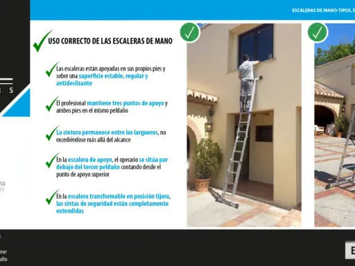 Profesional usa correctamente dos tipos de escaleras de obra, mostrando seguridad y estabilidad.