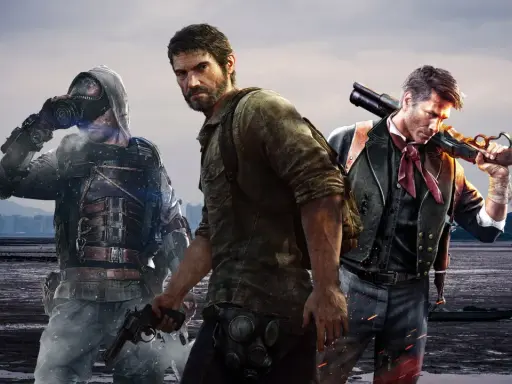 Trzech bohaterów w postapokaliptycznym świecie, przypominających gry podobne do The Last of Us. Jeden w masce gazowej, drugi z plecakiem, trzeci z karabinem.
