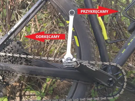 Klucz pokazuje, jaki jest gwint w pedałach rowerowych. Jednym pedałem odkręcamy, drugim przykręcamy.