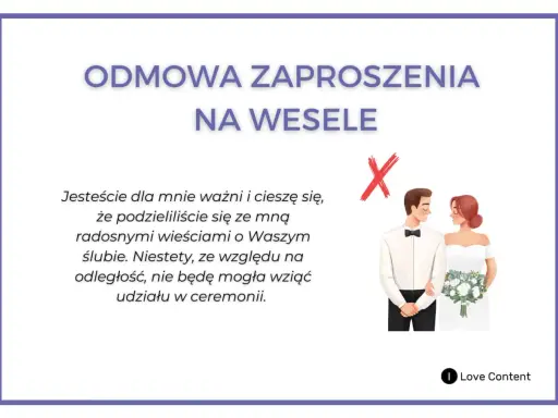 Wzór odmowy zaproszenia na wesele. Ilustracja pary młodej z przekreślonym X.