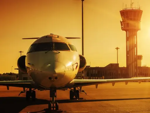 Ett privatjet står parkerat på en flygplats på Cypern vid solnedgången, med kontrolltornet i bakgrunden.