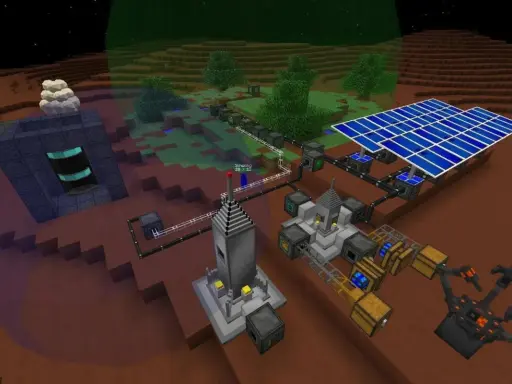 Baza na Marsie z panelami słonecznymi i robotem. To przykład najlepszych modów do Minecraft, które pozwalają na budowanie zaawansowanych instalacji.