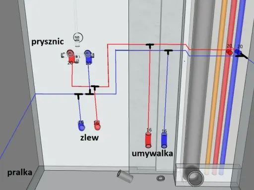 Schemat instalacji wodnej PEX: połączenia do pralki, zlewu, umywalki, prysznica i WC.