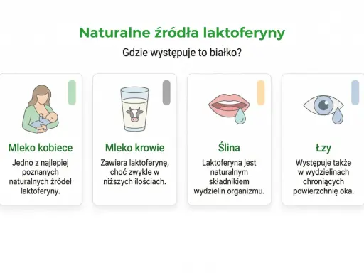Naturalne źródła laktoferyny: mleko kobiece, krowie, ślina i łzy. Laktoferyna to białko występujące w wydzielinach organizmu.