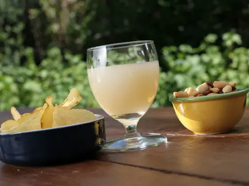 Verre de boisson claire, chips croustillantes et mélange de fruits secs, une spécialité PACA pour un apéritif ensoleillé.