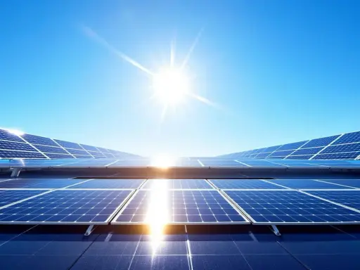 Panneaux solaires sous un ciel bleu éclatant, illustrant le principe du photovoltaïque.