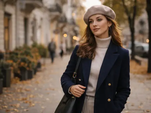 Elegancka kobieta w beżowym beretu i granatowym płaszczu spaceruje po jesiennej ulicy. Oto jak nosić beret damski, by wyglądać stylowo.