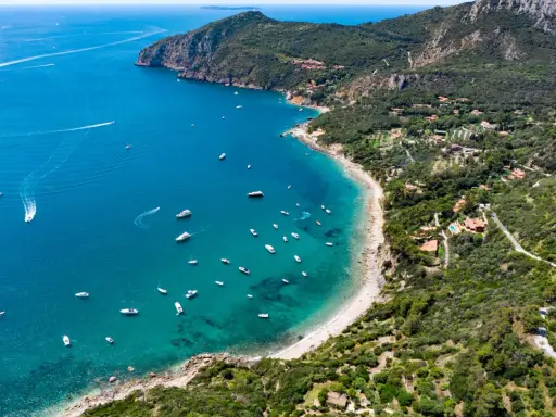 Baia incantevole con mare bello toscana, acque cristalline e barche che navigano. La costa è verdeggiante, con ville sparse tra gli alberi.