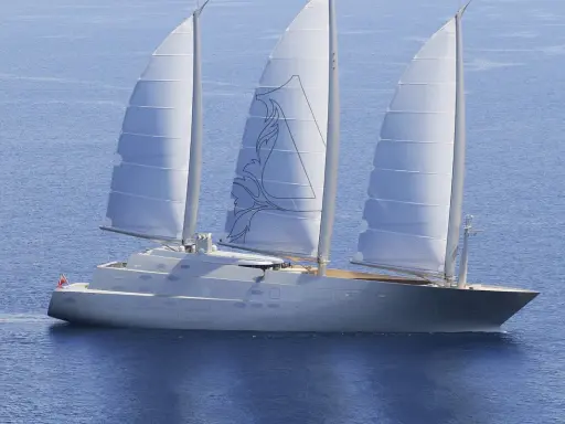 Ein elegantes Segelschiff mit drei Masten gleitet über das blaue Meer. Die Segel sind mit einem stilisierten Muster verziert, das an eine **sy**mbolische Darstellung erinnert.