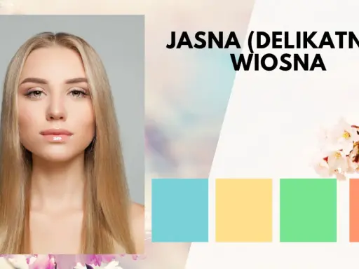 Jasna (delikatna) wiosna – modelka z jasnymi włosami i subtelnym makijażem, otoczona kwitnącymi wiśniami. Paleta barw: błękit, żółty, zieleń, brzoskwinia.