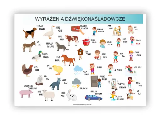 Ilustracja przedstawia zwierzęta i ludzi wydających dźwięki, np. pies szczeka "hau", kot miauczy "miau".