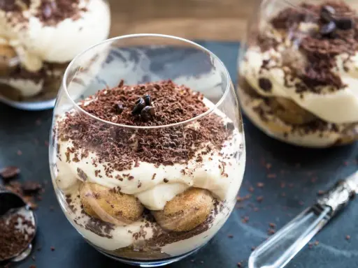 Pyszne tiramisu bez pieczenia w szklankach, udekorowane startą czekoladą i ziarnami kawy. Idealne na deser.