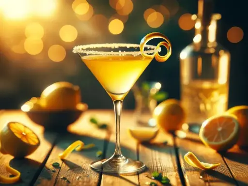 Elegancki kielich z drinkiem lemon drop, ozdobiony skórką cytryny, otoczony świeżymi cytrynami i butelką alkoholu.