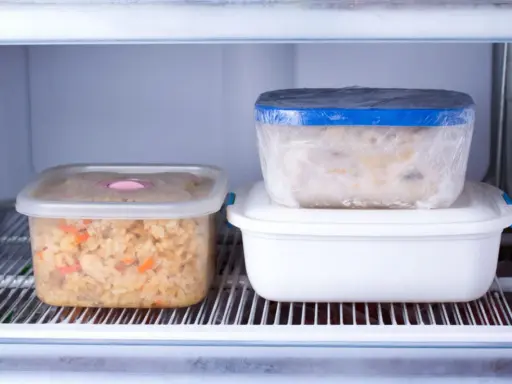 Zwei Behälter mit vorbereiteten Gerichten zum Einfrieren stehen im Kühlschrank. Einer enthält Reis mit Gemüse, der andere eine cremige Speise.