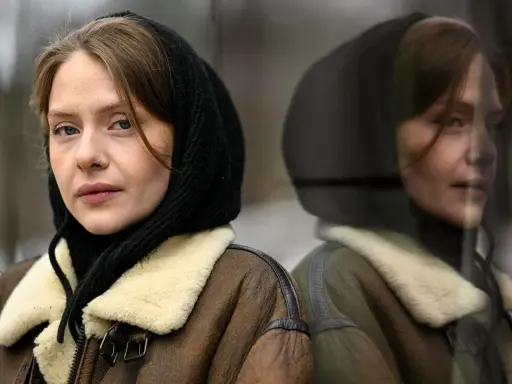 Sofia Kappel i en brun fårskinnsjacka med svart luva, blickar ut. Hennes spegelbild syns i en reflekterande yta.