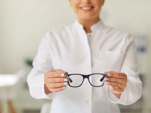Okulista prezentuje okulary z powłoką oleofobową, które chronią przed odciskami palców i ułatwiają czyszczenie.