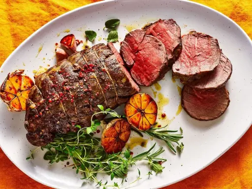 Roast beef al horno jugoso y tierno, servido con ajos asados y hierbas frescas.