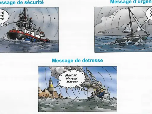 Un remorqueur lance un message de sécurité. Un voilier en détresse envoie un message d'urgence "PAN-PAN", puis un message de détresse "MAYDAY".