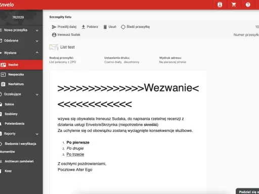 Szczegóły listu poleconego z ZPO, "Wezwanie" do Ireneusza Sudaka. Sprawdź poczta cennik list.