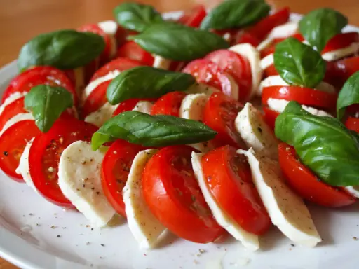 Kolorowe pomidory z mozzarellą i listkami bazylii, doprawione pieprzem, tworzą apetyczną sałatkę Caprese.