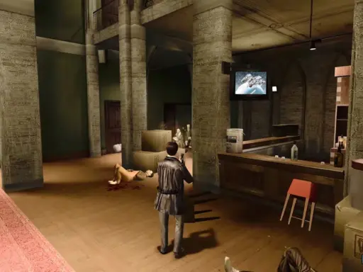 Max Payne 2: The Fall of Max Payne. Max wkracza do baru, gdzie czeka go kolejna strzelanina.