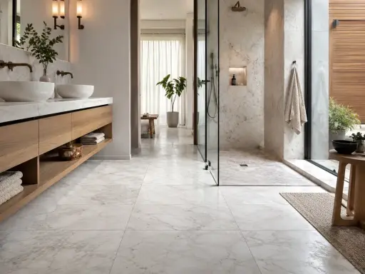 Bagno moderno con pavimenti e rivestimenti in **segato di marmo** bianco, doppio lavabo, doccia a vista e arredi in legno.
