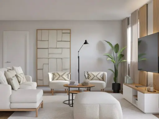 Salón moderno con sofá y sillones blancos, mesa de centro, planta y TV. Ideas para como decorar un salón con muebles blancos.