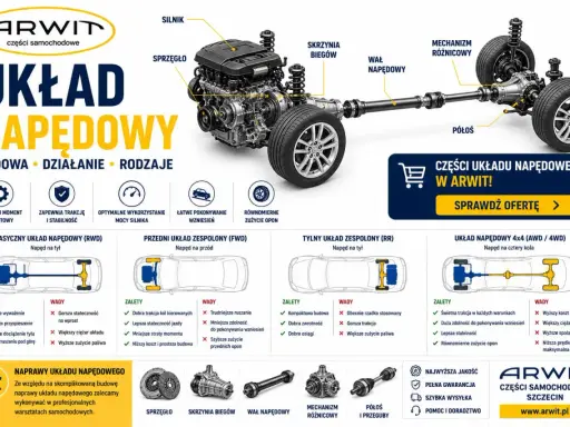 Schemat układu napędowego auta: silnik, skrzynia biegów, wał napędowy, mechanizm różnicowy, półosie.