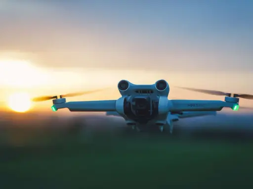 Eine Drohne fliegt im Abendlicht über ein Feld in Spanien.