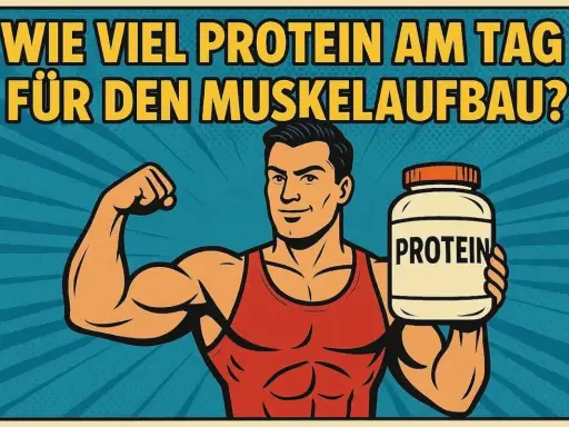 Ein muskulöser Mann mit einem Proteinbehälter fragt: "Wieviel Protein pro Tag Muskelaufbau?