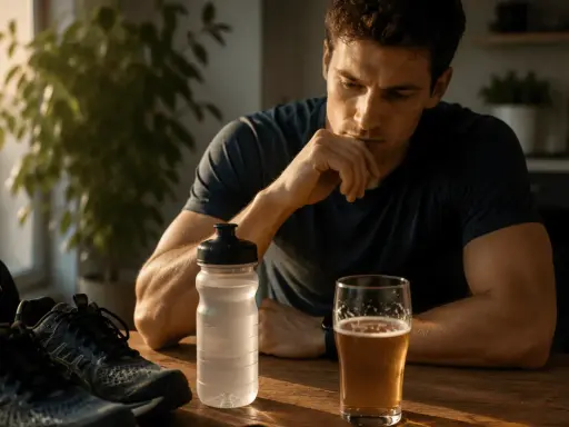 Mann mit Laufschuhen, Wasserflasche und Bierglas am Tisch. Überlegt, ob Sport nach Alkohol am Vorabend eine gute Idee ist.