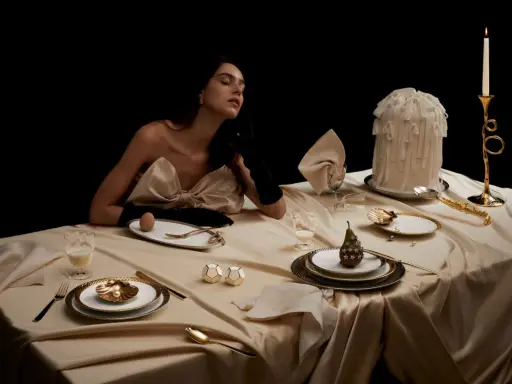 Une femme élégante, une table dressée avec soin, un œuf, une poire décorée. L'art de comment dresser une table dans un restaurant.