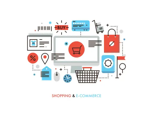 Grafika przedstawia elementy związane z **audytem ecommerce**: koszyk, komputer, kartę płatniczą, torbę na zakupy, procenty, lokalizację i zegar.
