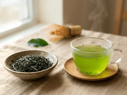 Une tasse de thé vert fumant, à côté d'un bol de feuilles de thé et d'un fouet, pour profiter des matcha bienfaits.