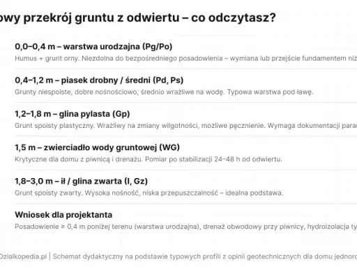 Przekrój gruntu z odwiertu: warstwa urodzajna, piasek, glina pylasta, zwierciadło wody, glina zwarta. Wniosek dla projektanta: badania geotechniczne gruntu wskazują na potrzebę głębszego posadowienia.