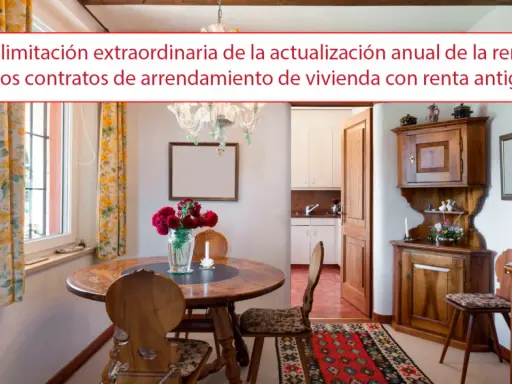 Comedor rústico con muebles de madera, flores y alfombra. Un texto sobre la renta antigua de 1964.
