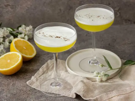 Två eleganta glas med en gul Galliano drink, toppad med vitt skum och strödd kanel. Citroner och blommor ger en fräsch touch.