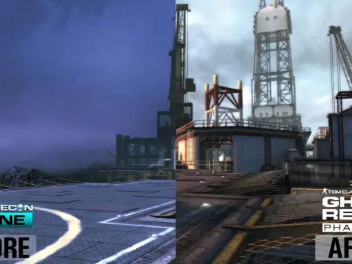 Porównanie grafiki z gry Tom Clancy's Ghost Recon Phantoms: lewa strona "przed" - ciemna, prawa "po" - jaśniejsza, z lepszymi detalami.